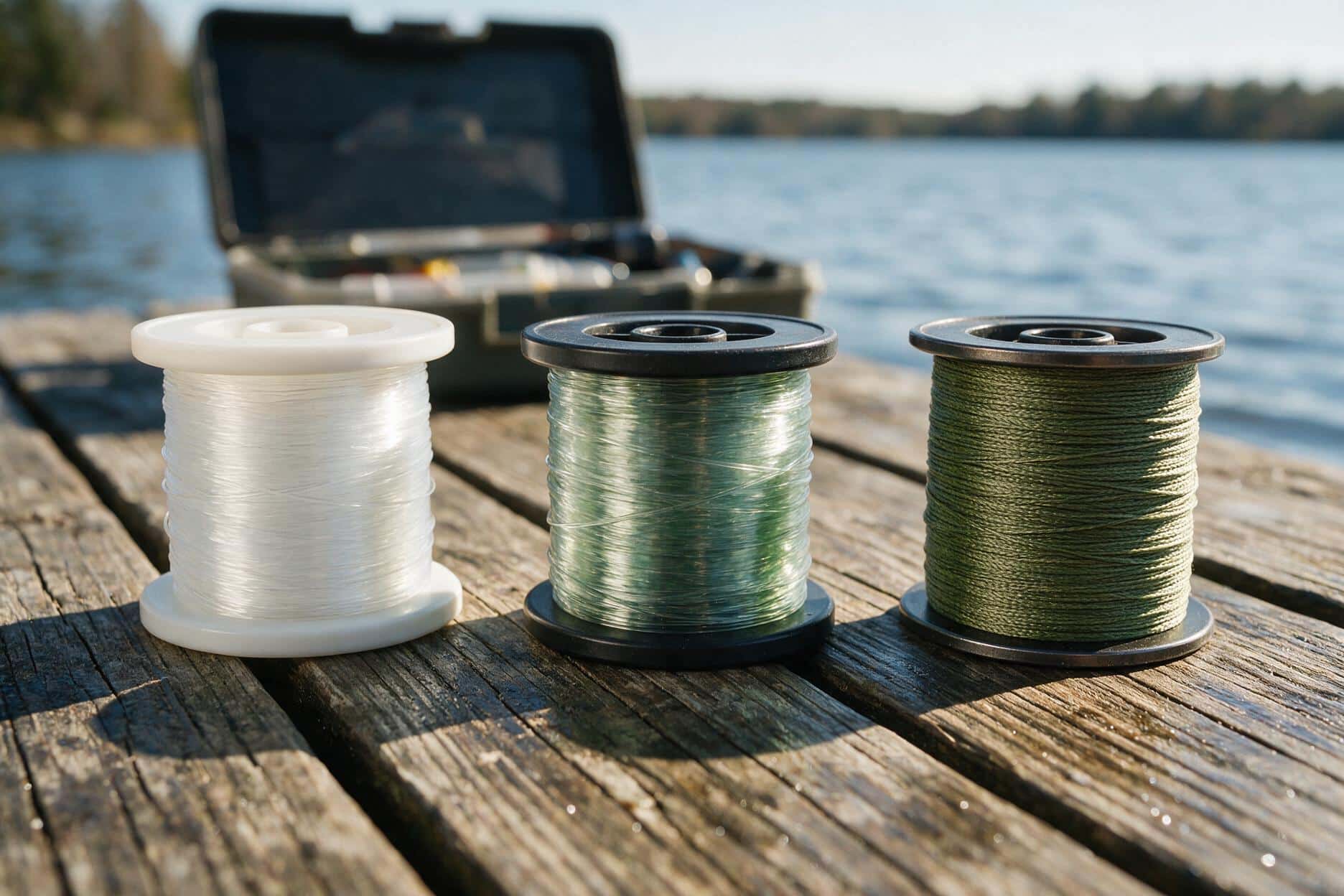 Three fishing line spools side by side: clear monofilament, green fluorocarbon, and braided line