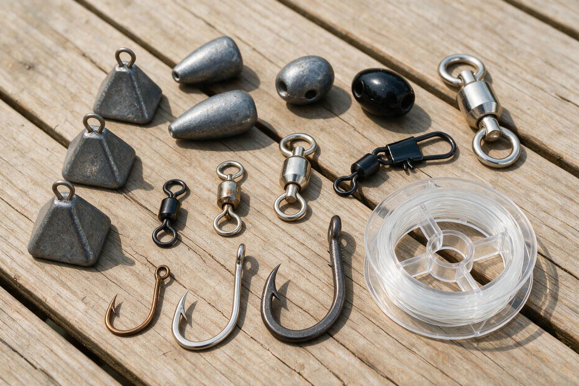 Assorted fishing rig components including weights, swivels, and hooks laid out on a dock