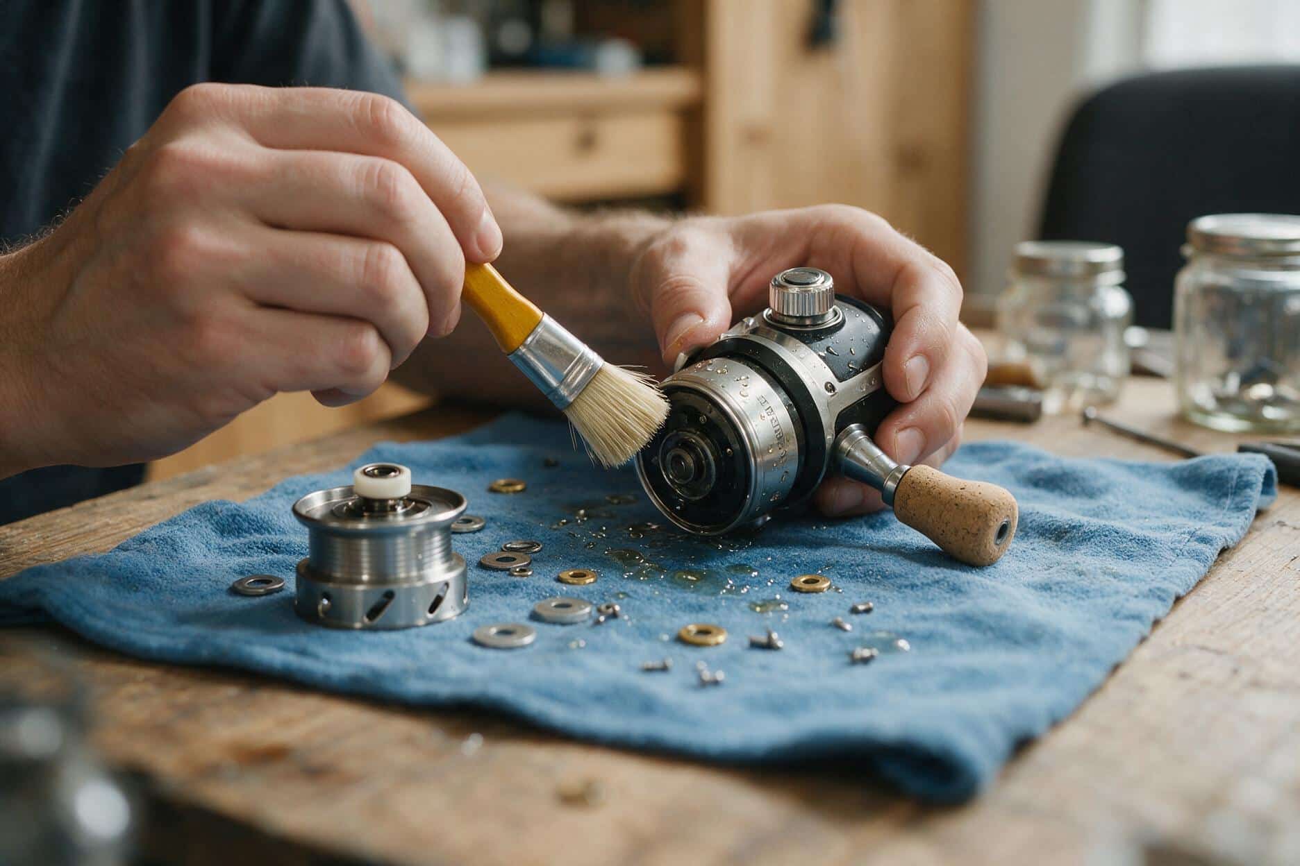 Hands cleaning a disassembled fishing reel on a workbench cloth