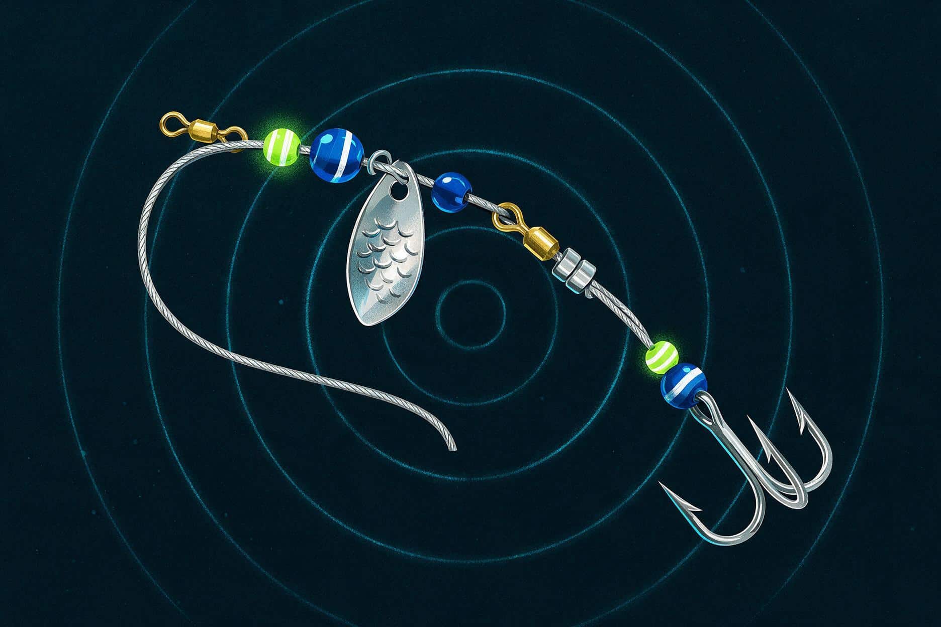 Walleye spinner rig harness with beads and a spinning blade