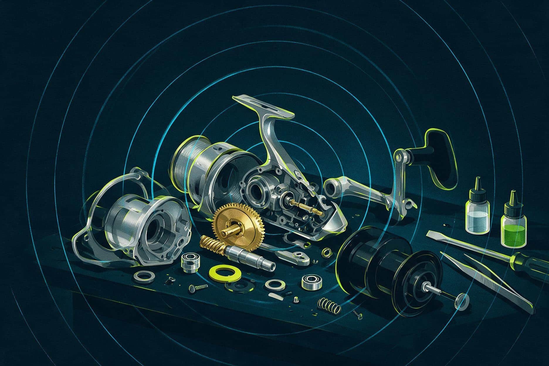 Disassembled spinning fishing reel with gears and parts laid out for repair