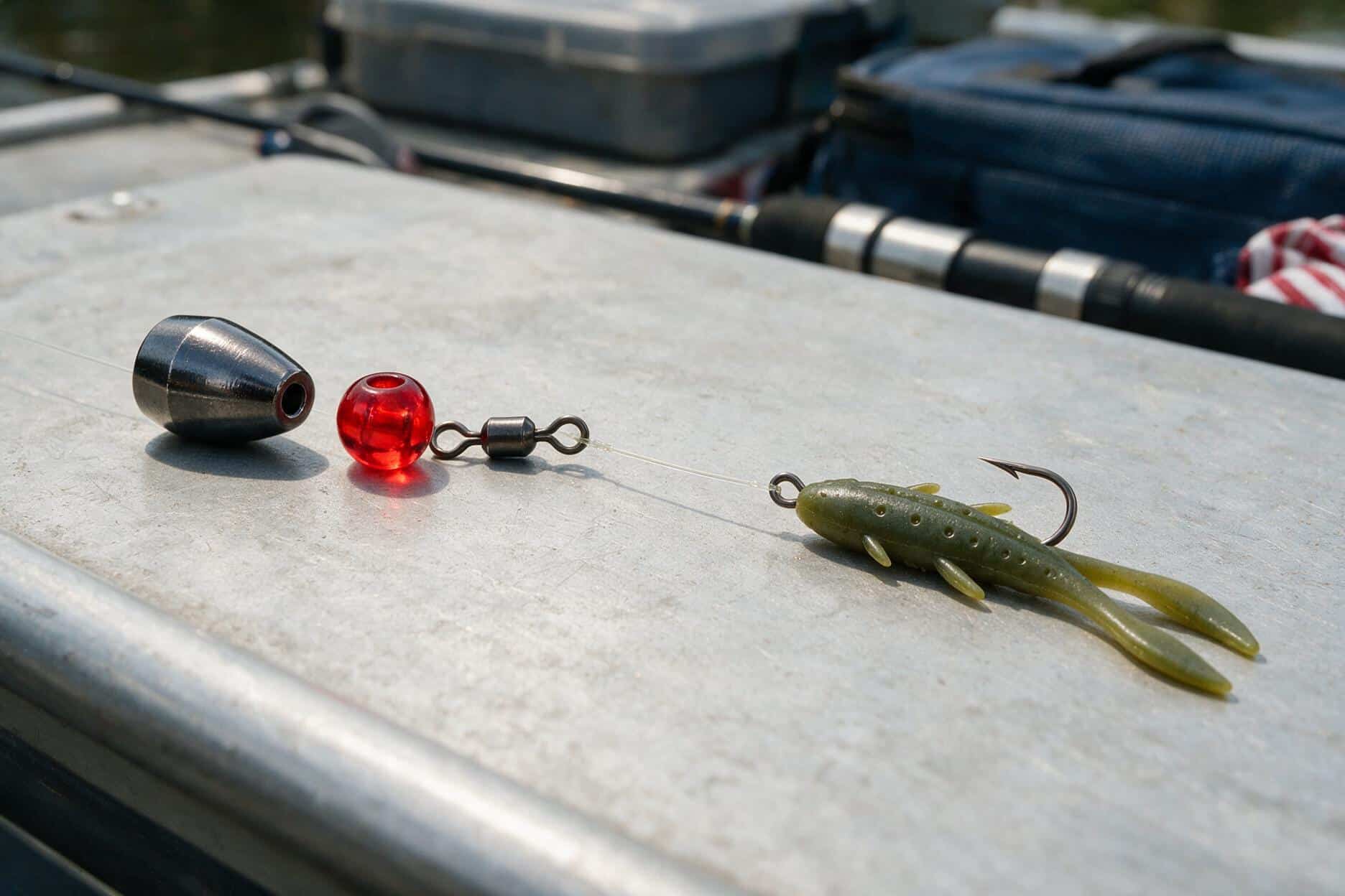 Carolina rig setup with bullet weight, glass bead, swivel, leader, and soft plastic lizard bait