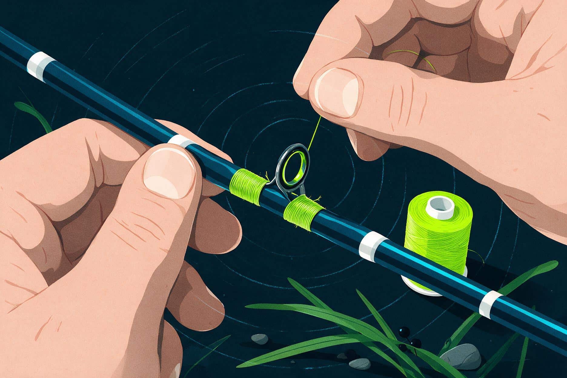 Hands repairing a fishing rod guide with thread wrap