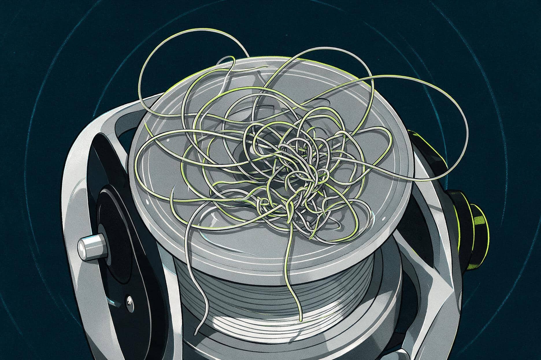Baitcasting reel spool with a tangled backlash of fishing line