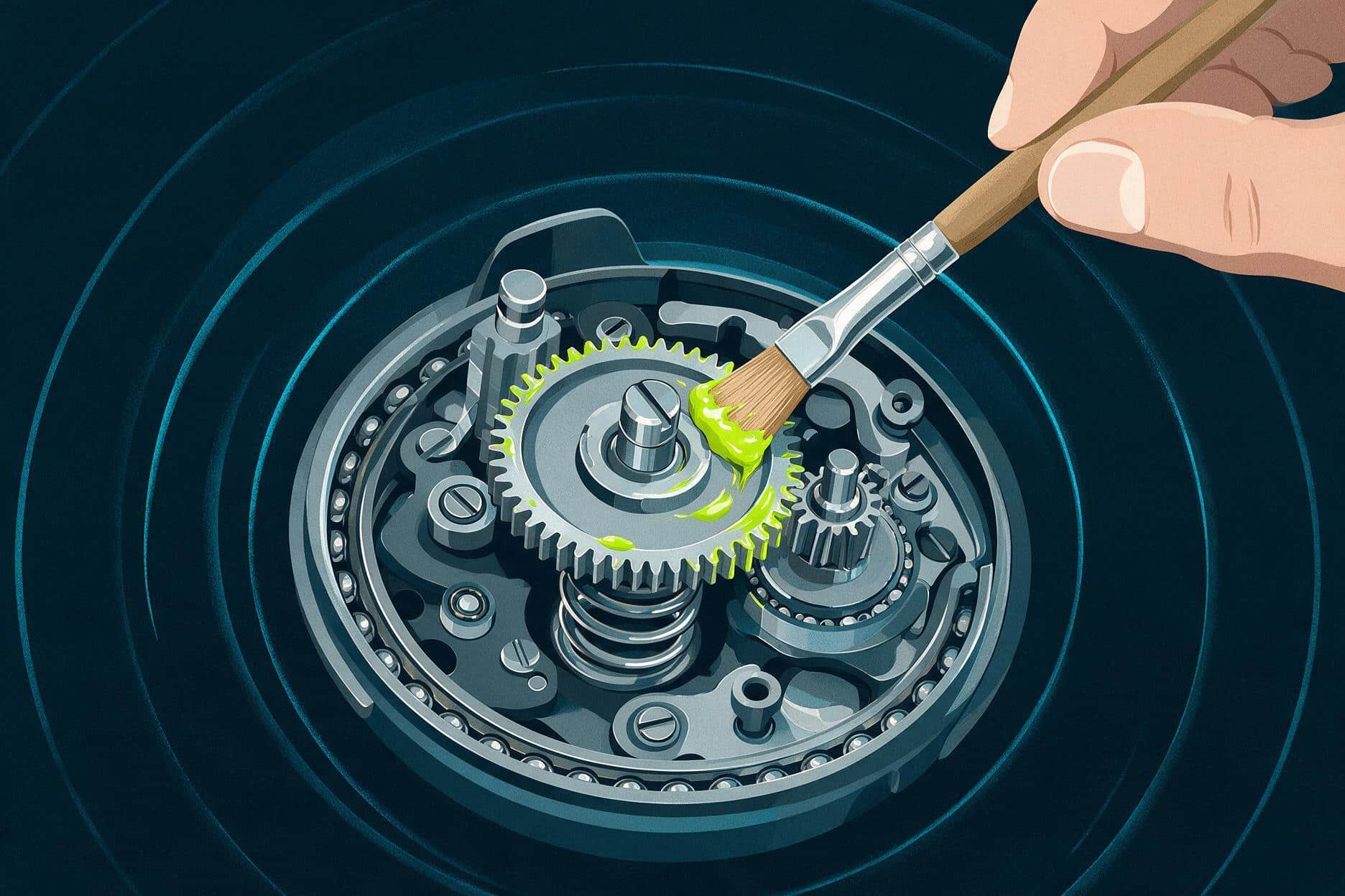 Hand applying grease with a small brush to fishing reel gears