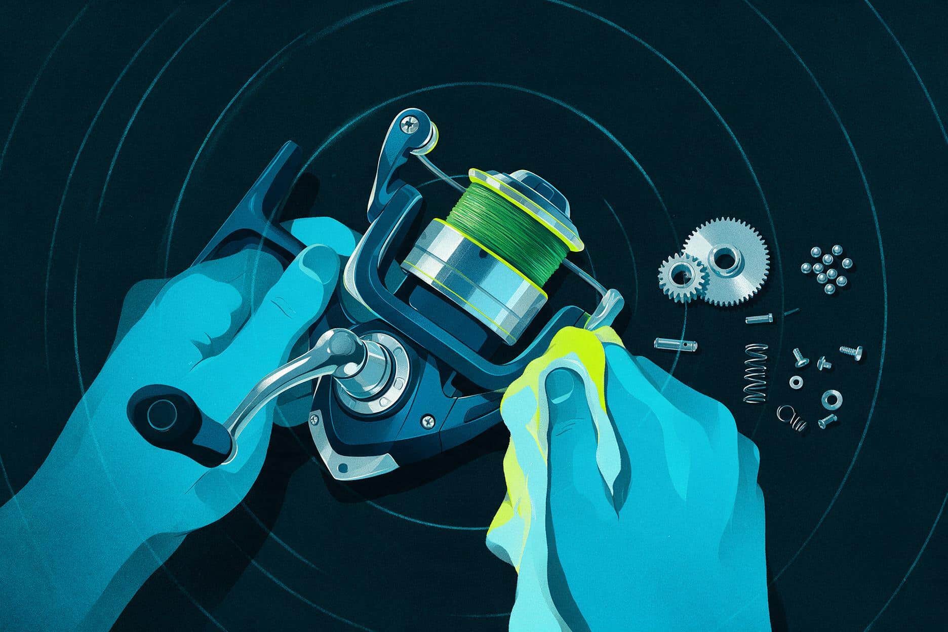 Spinning fishing reel being cleaned with a cloth, parts laid out nearby