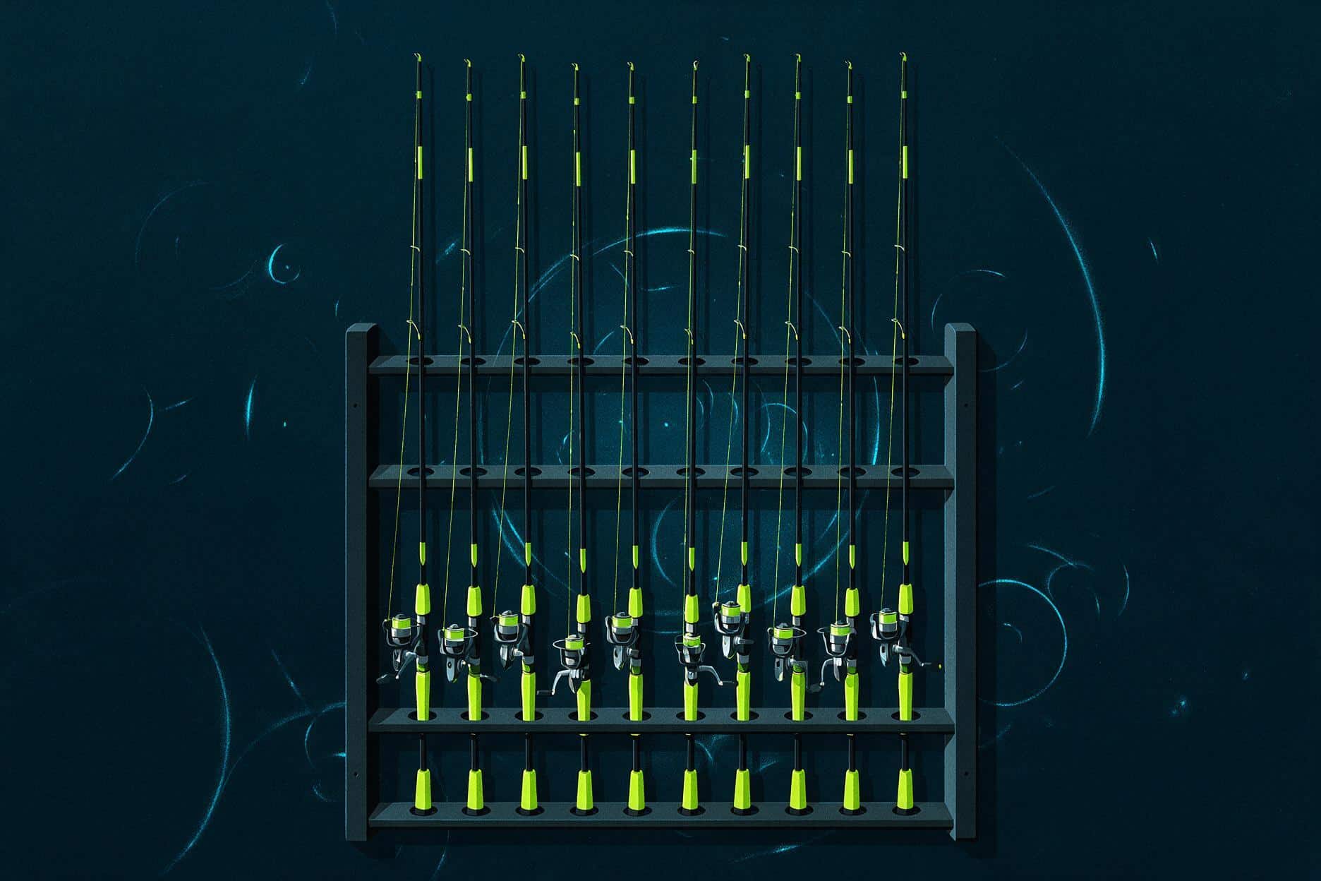 Fishing rods stored vertically in an organized rack