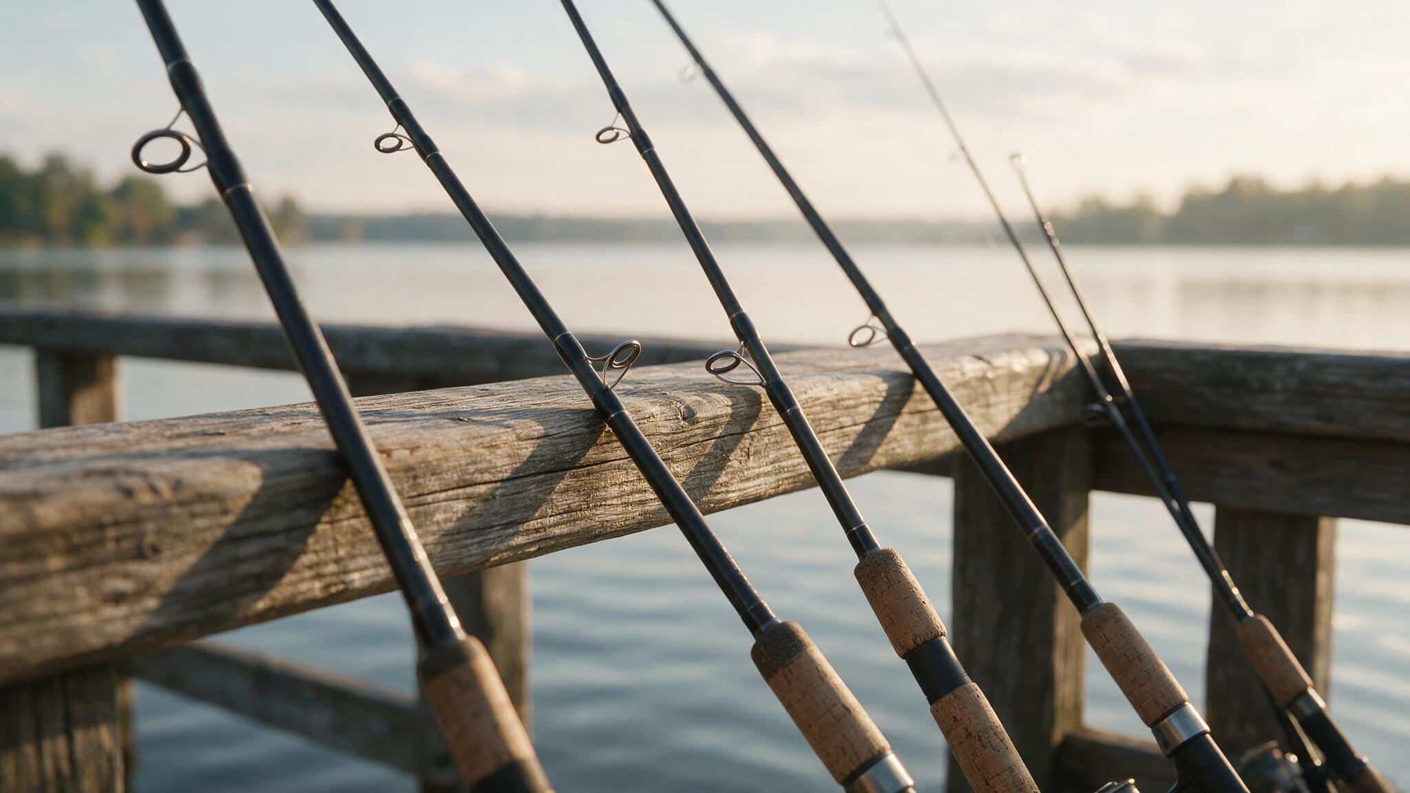Several fishing rods of different lengths leaning against a dock, illustrating how to choose the best fishing rod
