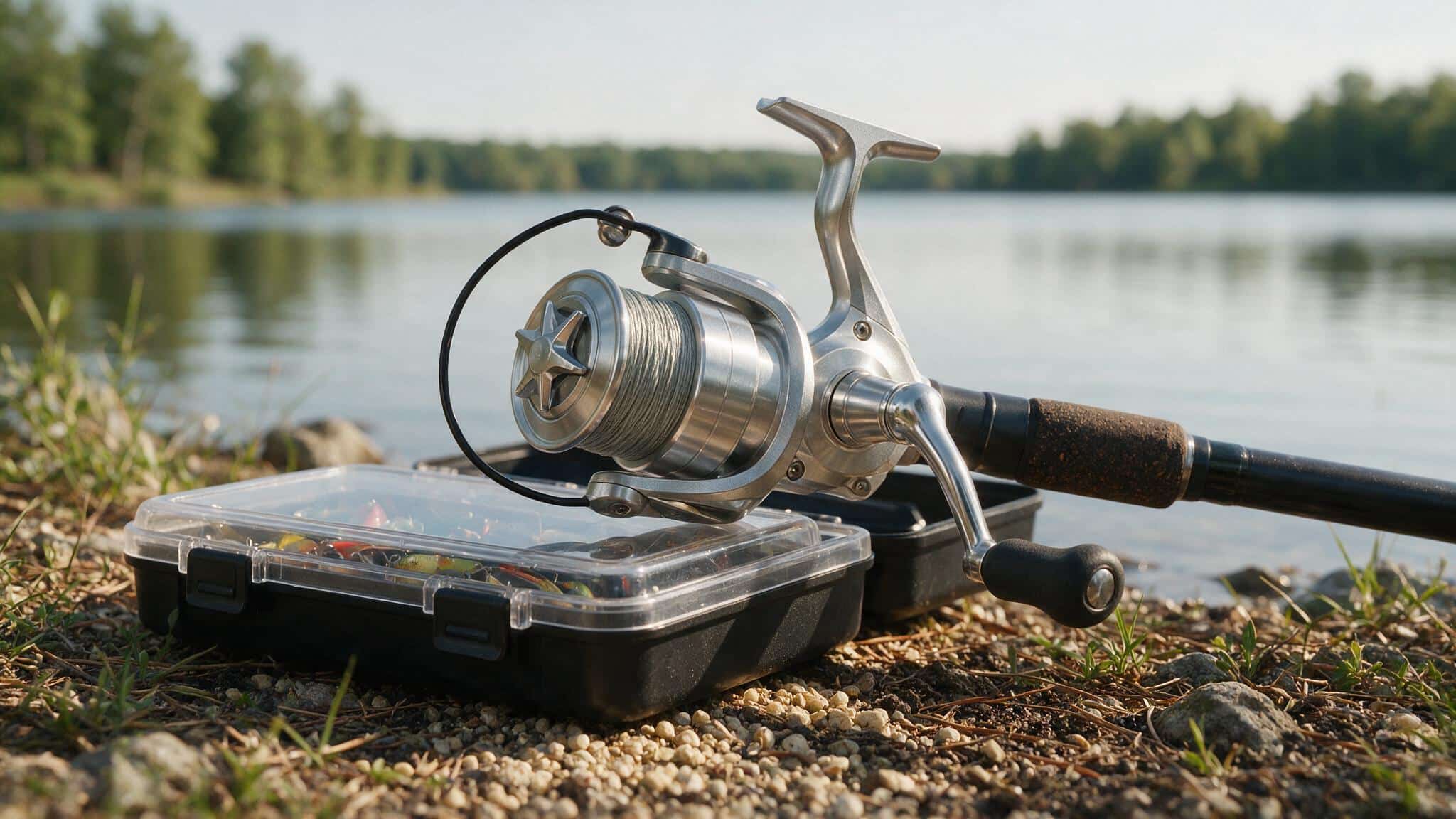 Spinning fishing reel mounted on a rod showing the bail, spool and drag knob
