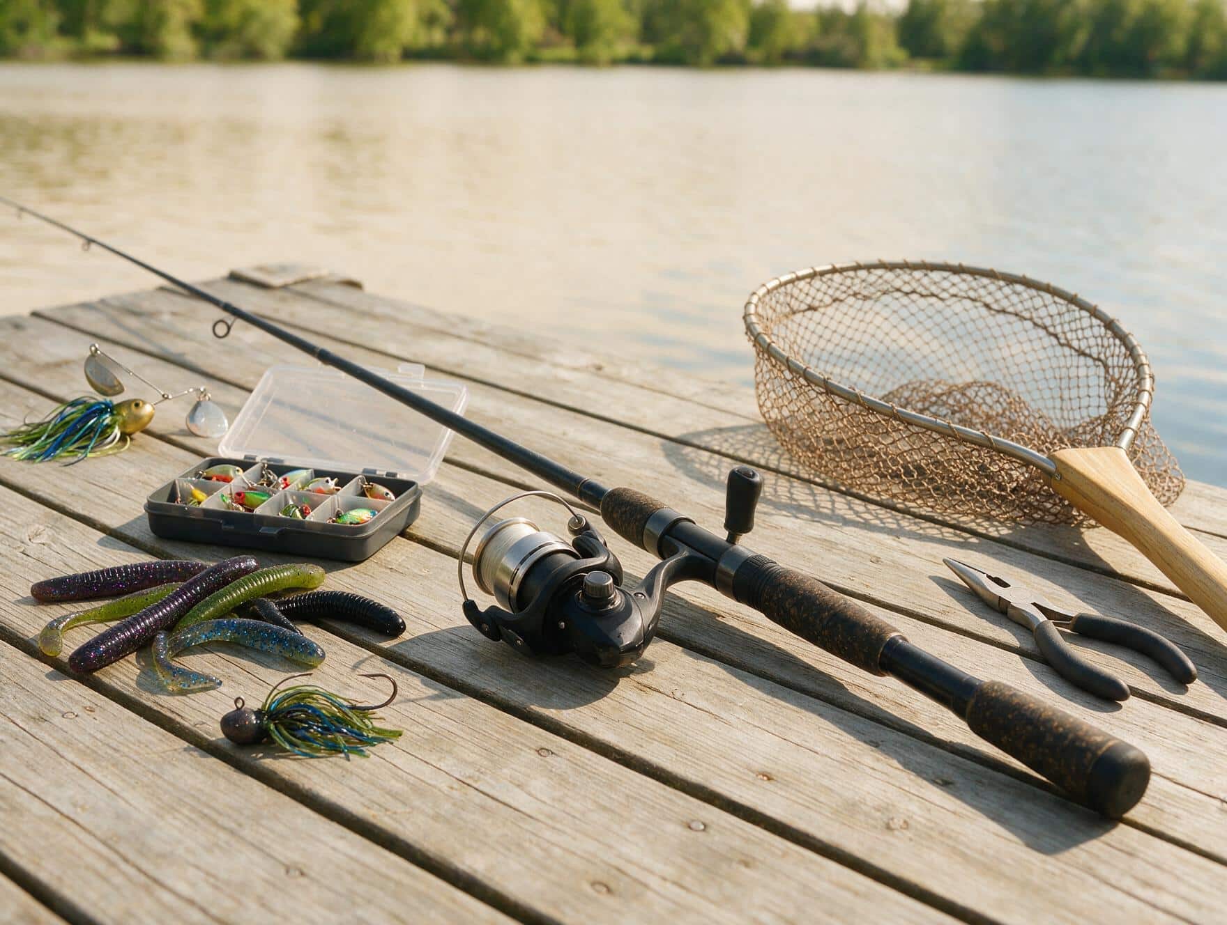Essential bass fishing gear including rod, reel, lures, pliers, and a landing net laid out on a dock