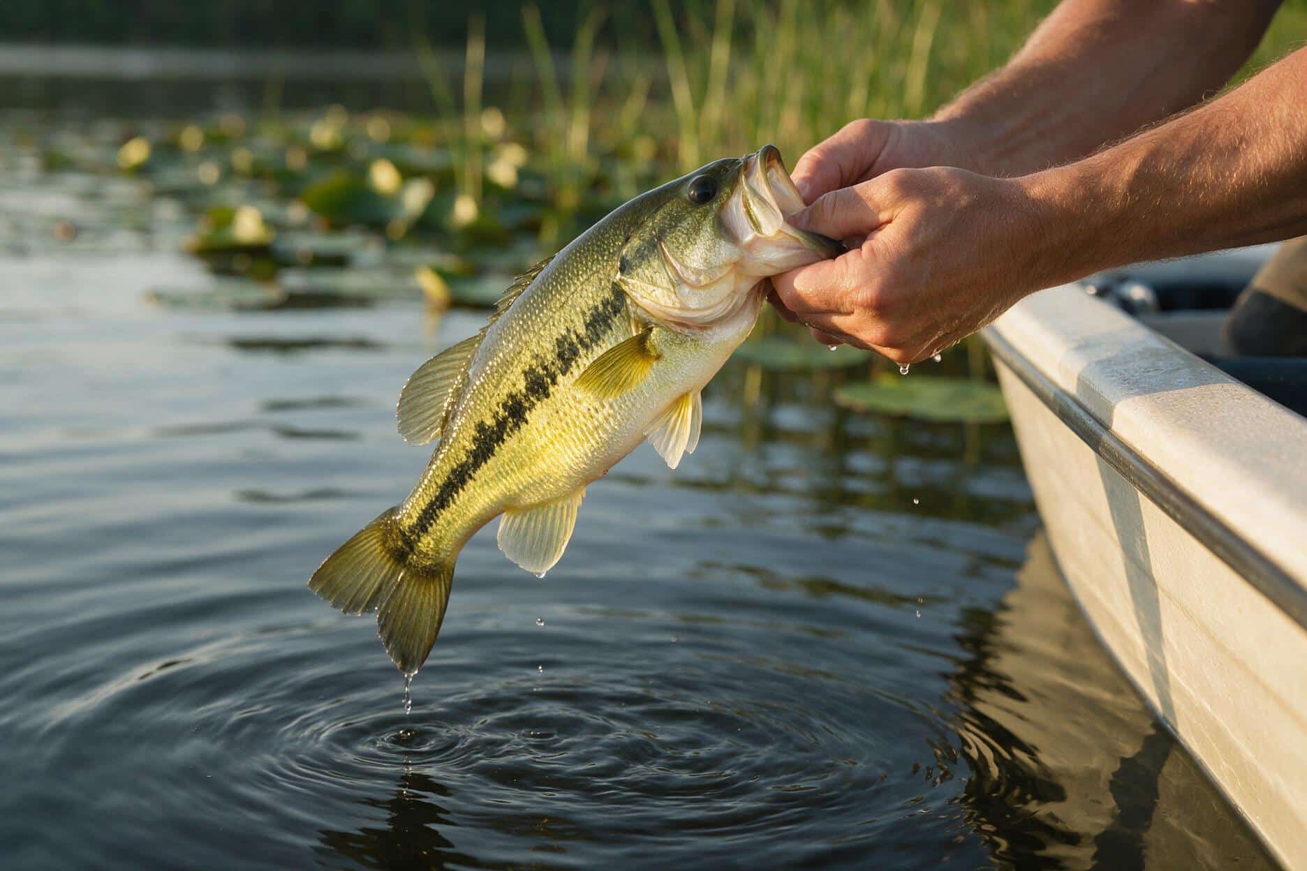 Angler lifting a largemouth bass out of the water beside a bass boat at sunrise