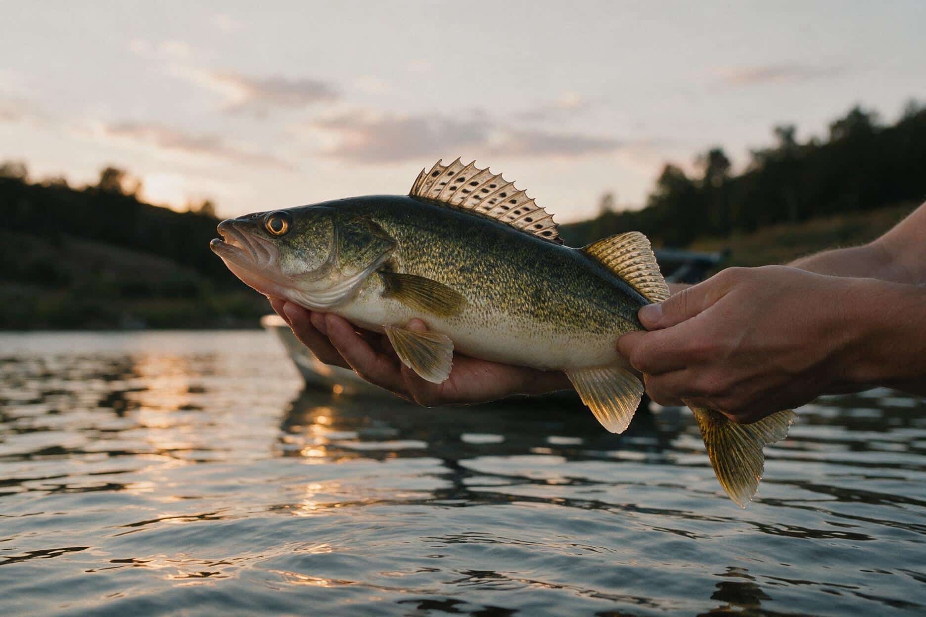 Angler holding a walleye just above calm lake water at dusk with a boat in the background
