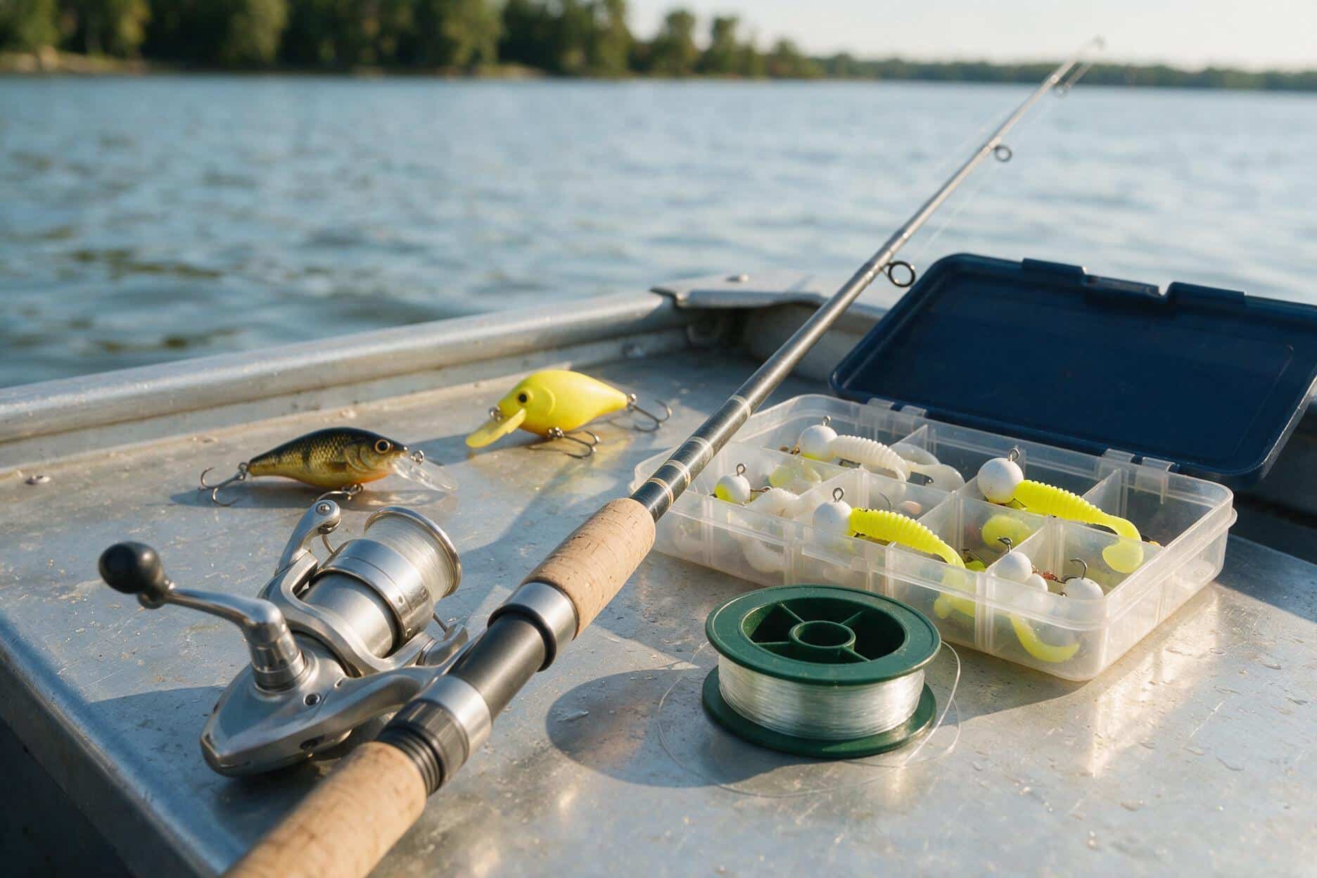 Walleye fishing tackle including rod, reel, jigs, and line laid out on a boat deck
