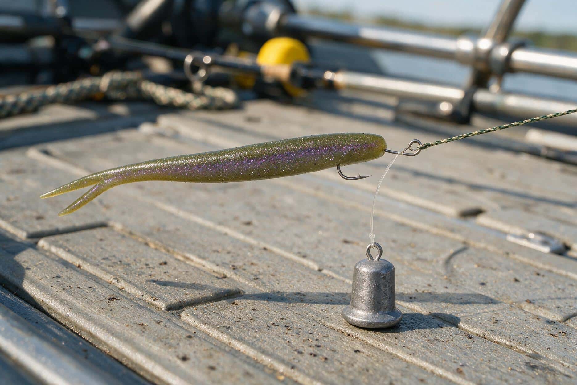Drop shot rig with a horizontally hooked finesse worm and a weight on a short leader below