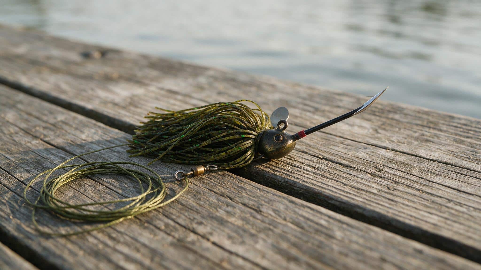 Chatterbait fishing lure with skirt and blade resting on a wooden dock