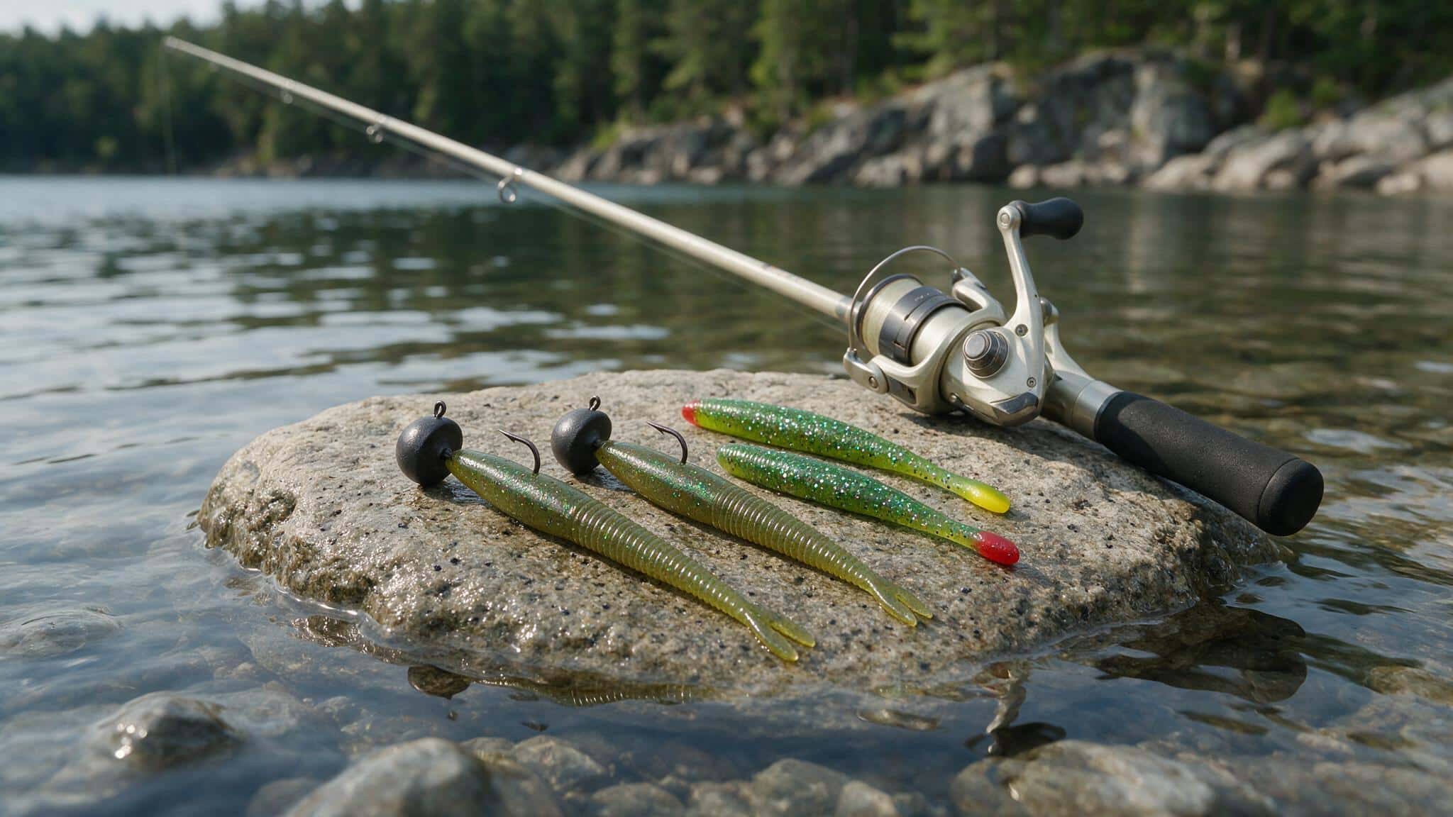 Small finesse worms, a light jig head, and a spinning rod arranged on a rock beside clear water