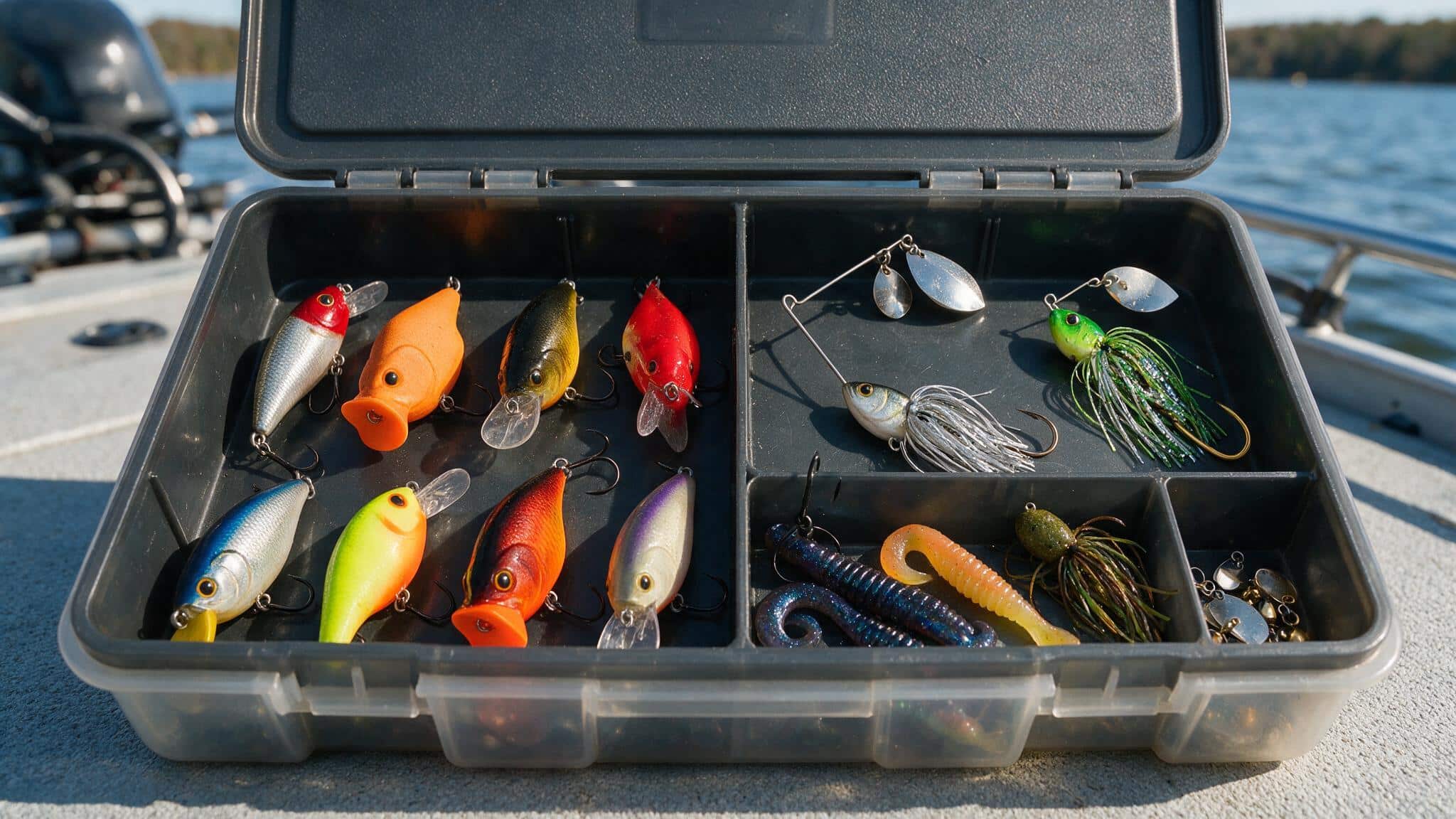 Open tackle box with crankbaits, a spinnerbait, a chatterbait, soft plastics, and a jig