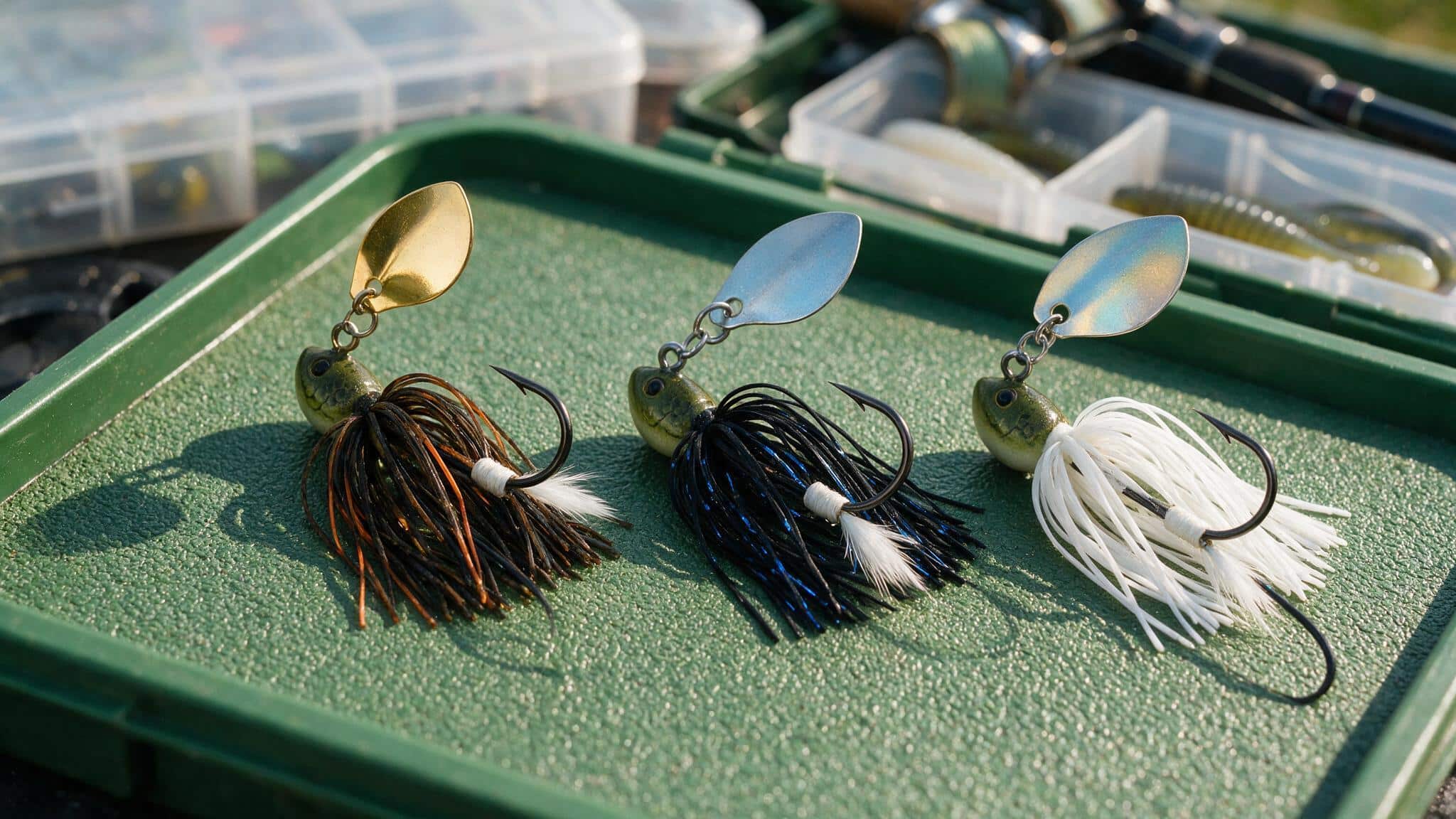 Several chatterbait lures in different skirt colors showing blades and hooks on a tackle tray