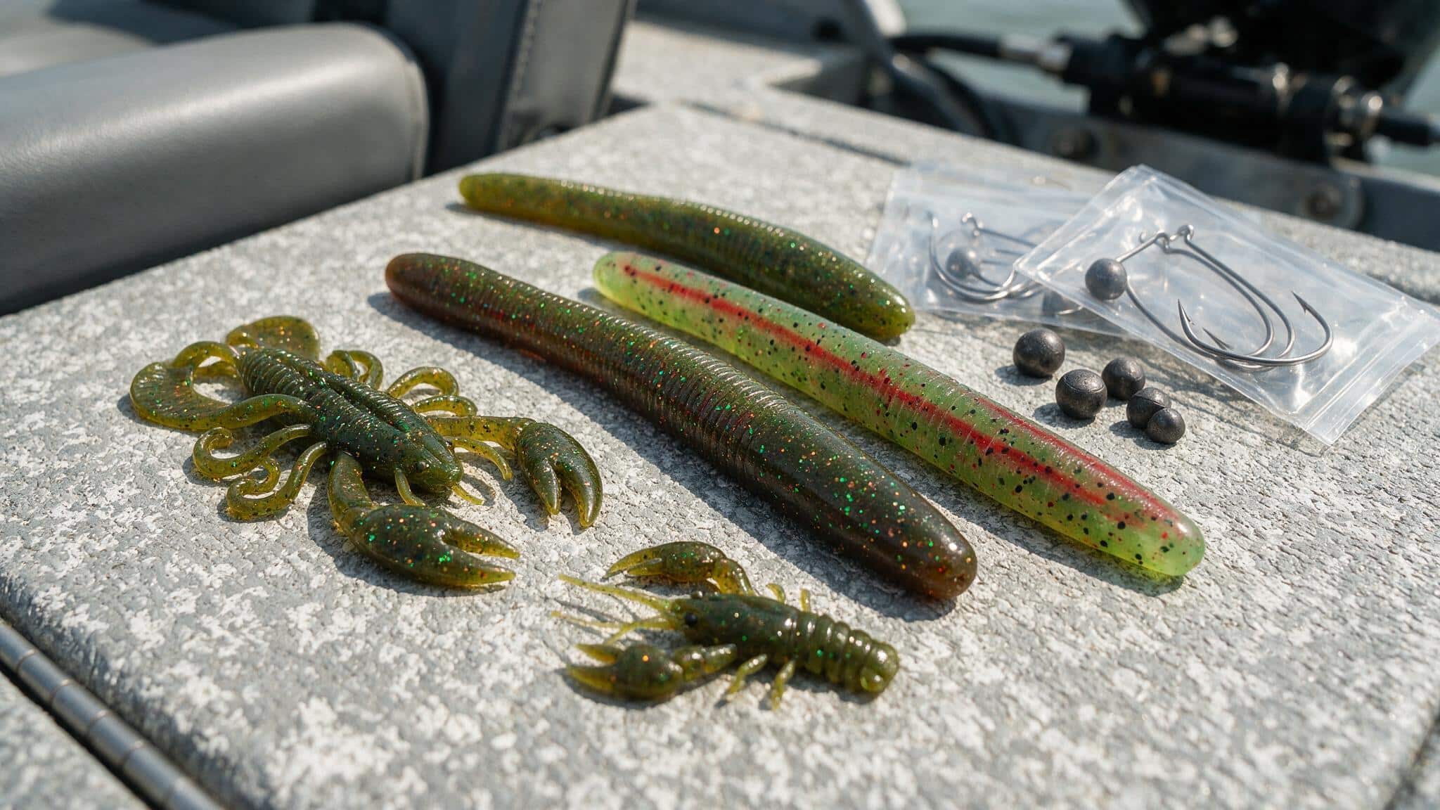 Soft plastic worms, a creature bait, and a craw laid out with worm hooks and tungsten weights