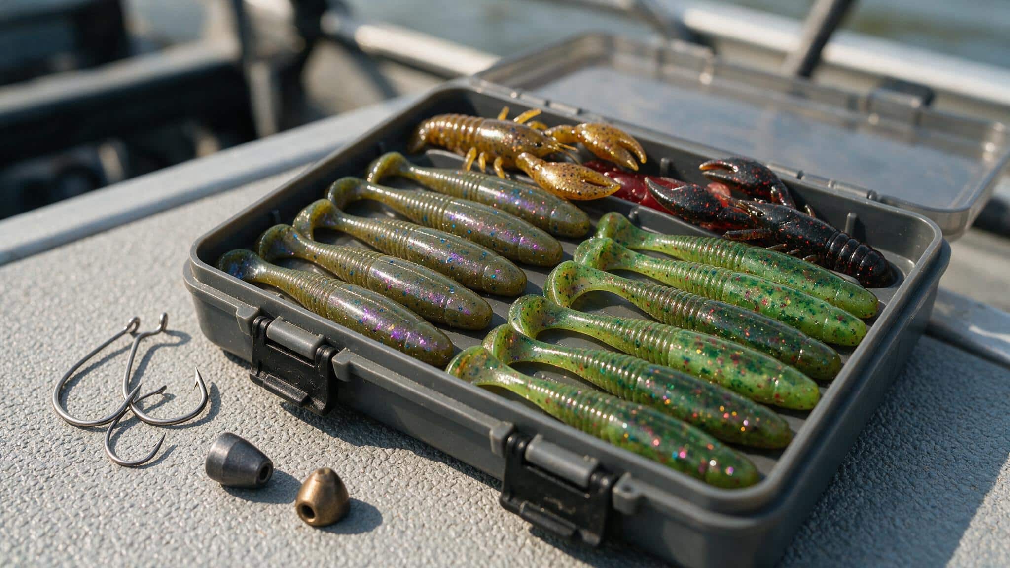 Assortment of soft plastic baits including worms and craws rigged for bass fishing