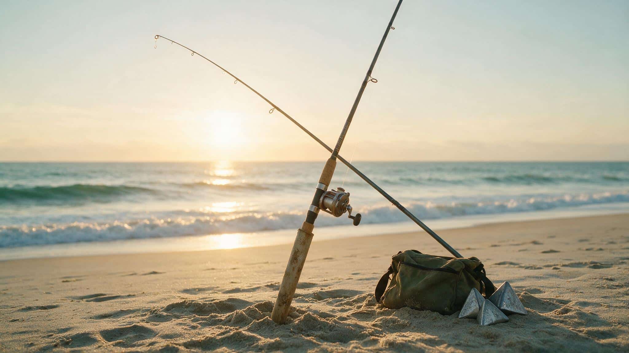 Surf fishing rod set in a sand spike on an ocean beach at sunrise with waves breaking