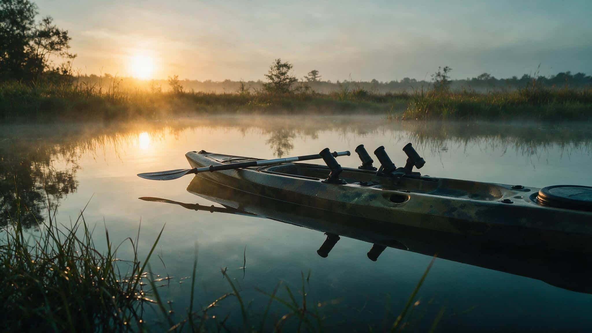 Fishing kayak with rod holders on calm misty water at sunrise near a marsh shoreline