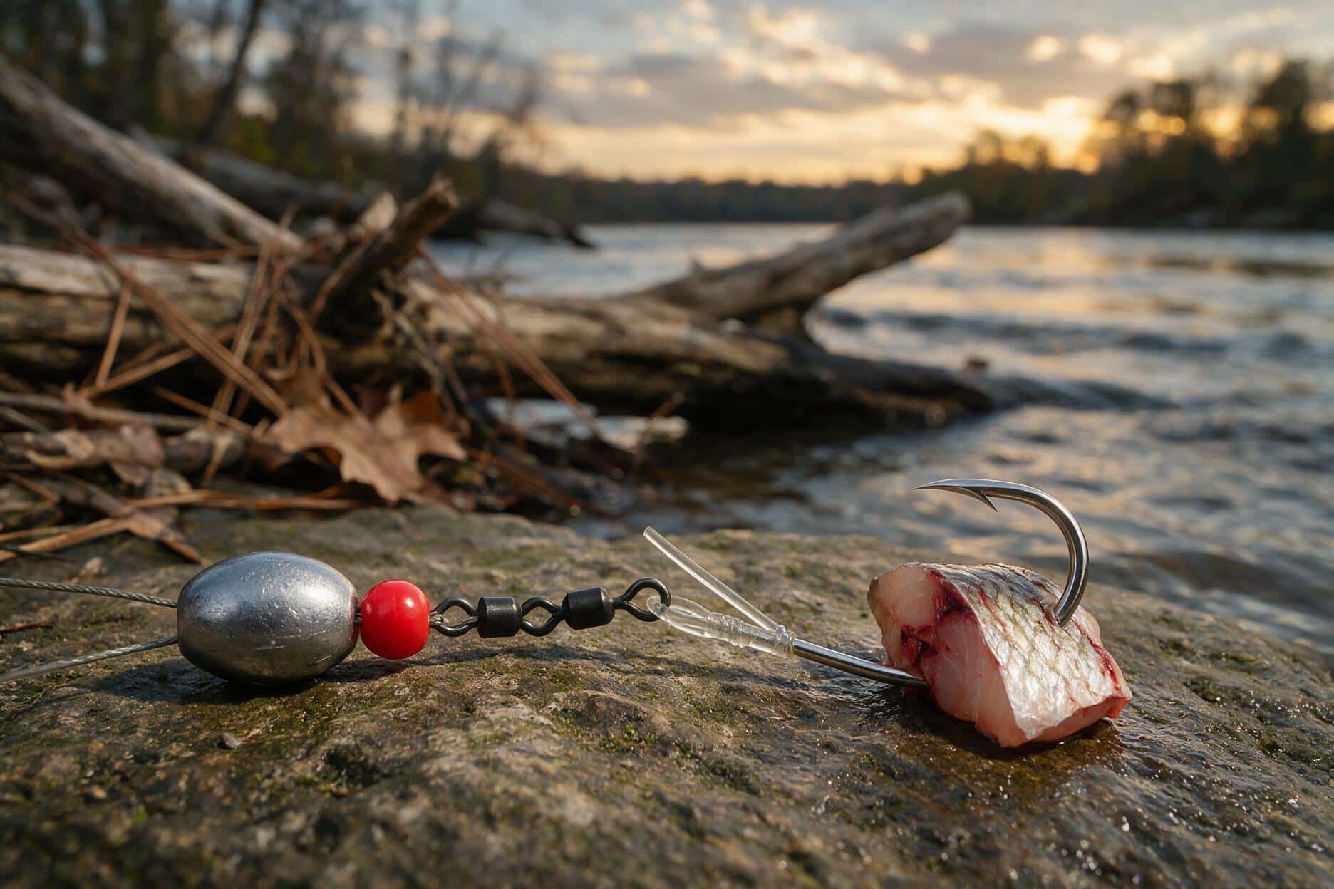 Catfish rig with slip sinker, bead, swivel, leader, and circle hook baited with cut bait