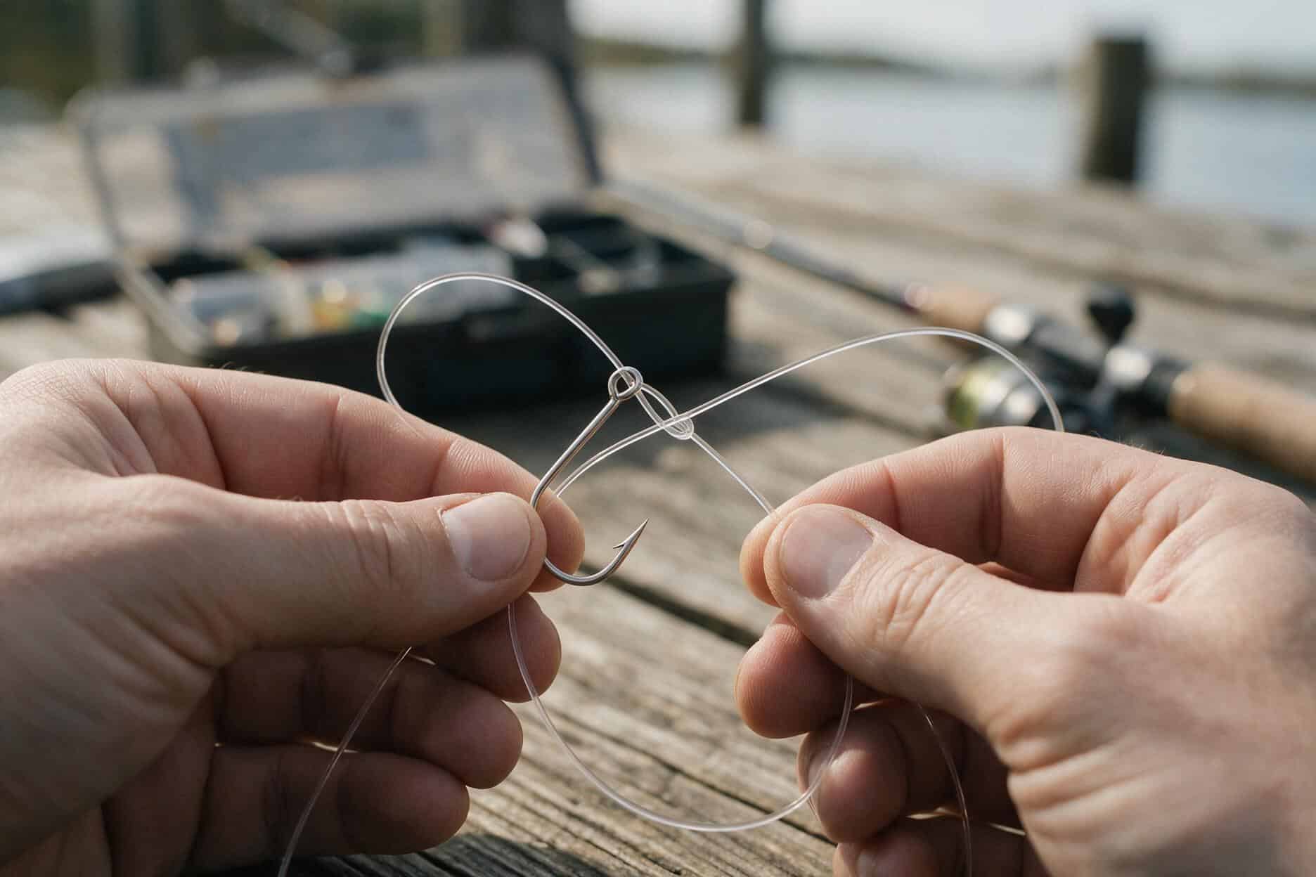 Close-up of hands tying a palomar knot by passing a doubled loop of fishing line through a hook eye